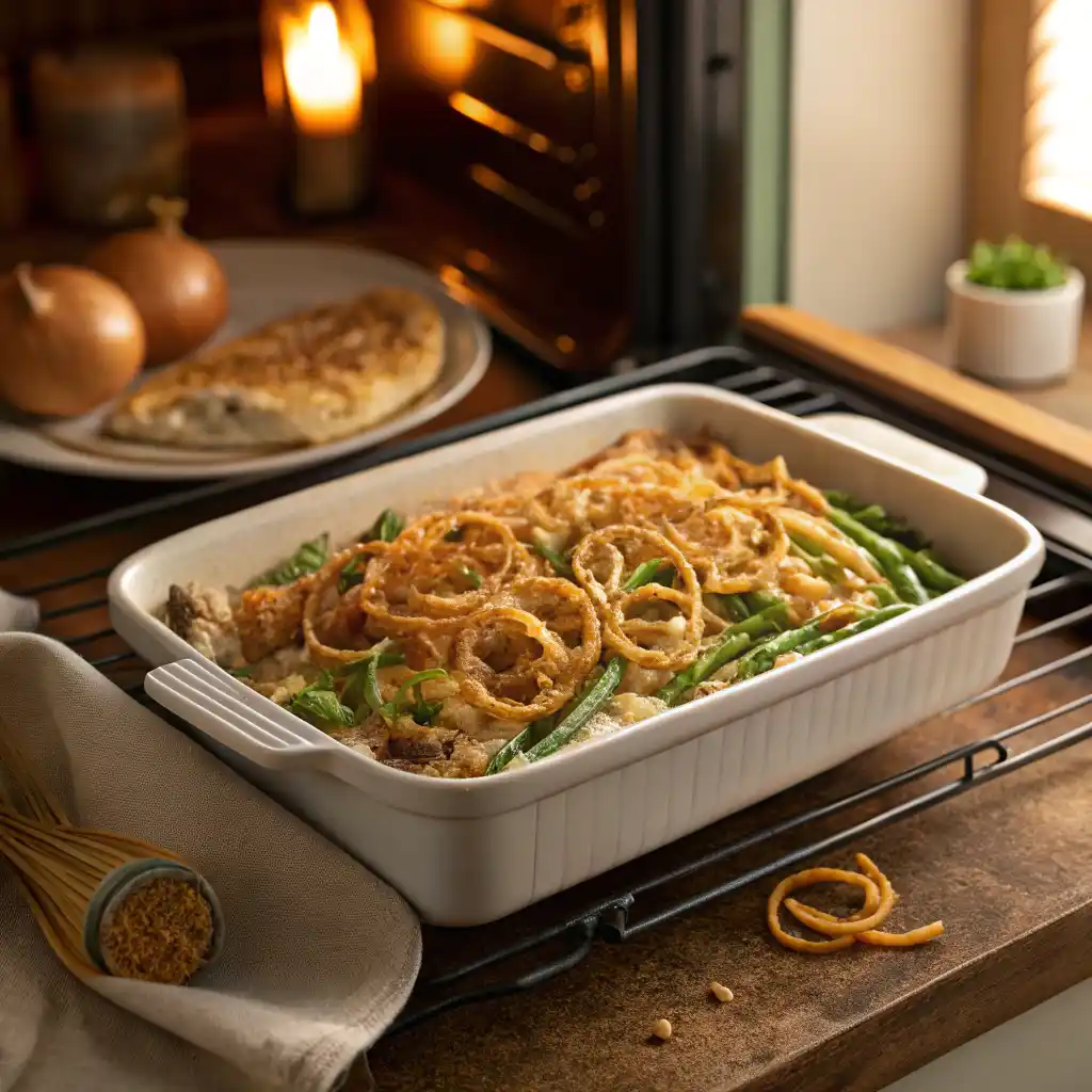 Classic Green Bean Casserole: A Timeless Comfort Dish Green bean casserole topped with crispy onions